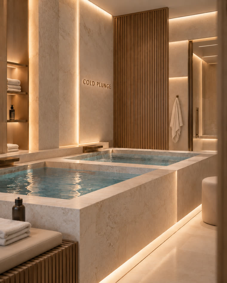 Two stone cold-plunge pools set into a travertine surround, with folded towels and a timber slat wall.