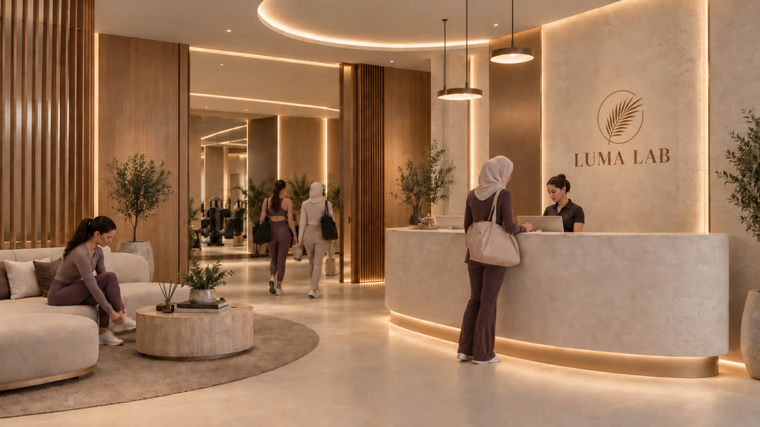 The LUMA LAB reception: a curved limestone desk under warm pendant lighting, with a lounge area and the LUMA LAB mark on the stone wall behind.